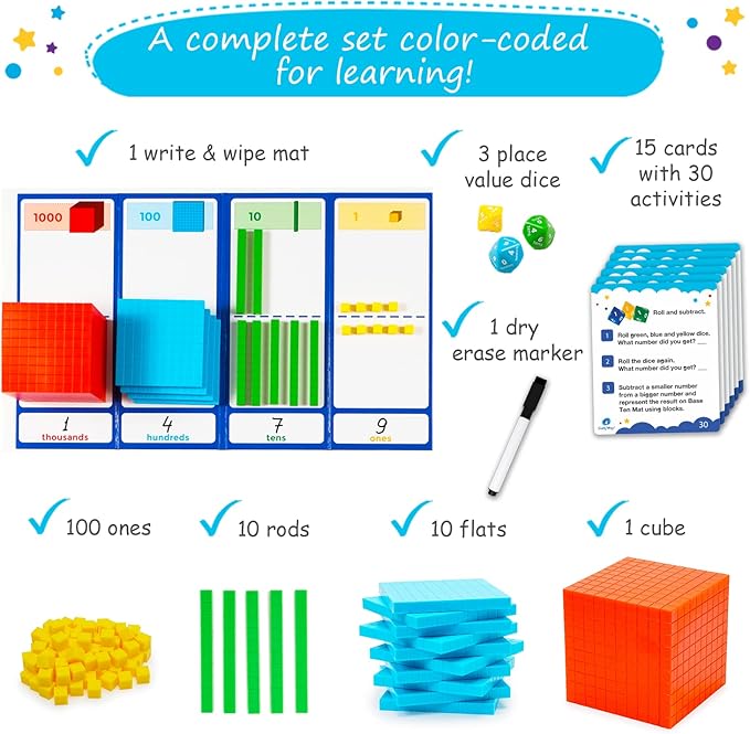 Simply magic 140+1 PCS Colorful Base Ten Blocks & Activities Set - Base Ten Blocks Classroom Set, Base 10 Math Manipulatives, Place Value Blocks Mat, Ones Tens Hundreds Blocks, Math Counters Cubes