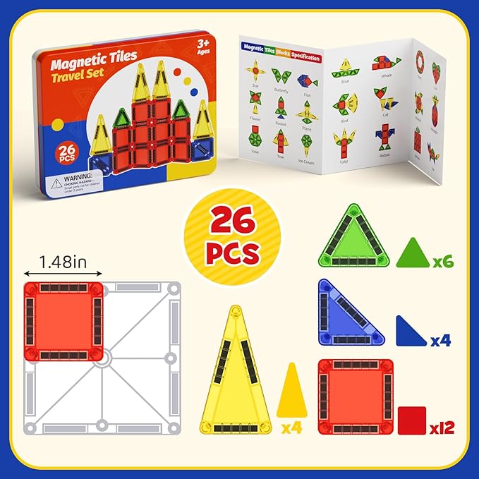 Mini Magnetic Tiles with Iron Case, Magnetic Building Toys Kid's Travel Essential Portable Creativity On-The-Go Magnet Blocks STEM Travel Toys for Toddler Boys Girls Ages 3+, 26-Piece