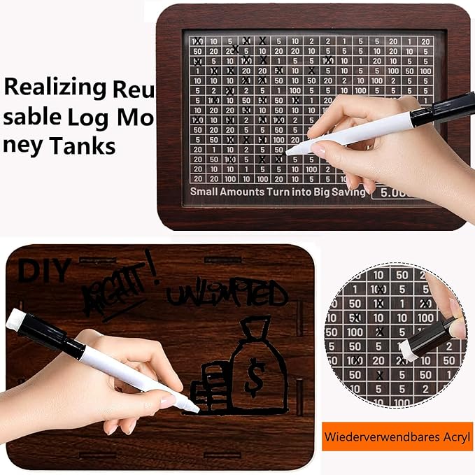 Cash Vault Wooden Savings Box 10000 5000 15000 3000 2000 1000 500 Cash Box with 2 Blank Savings Tracker, Official Save Box（Creativity 2.0）