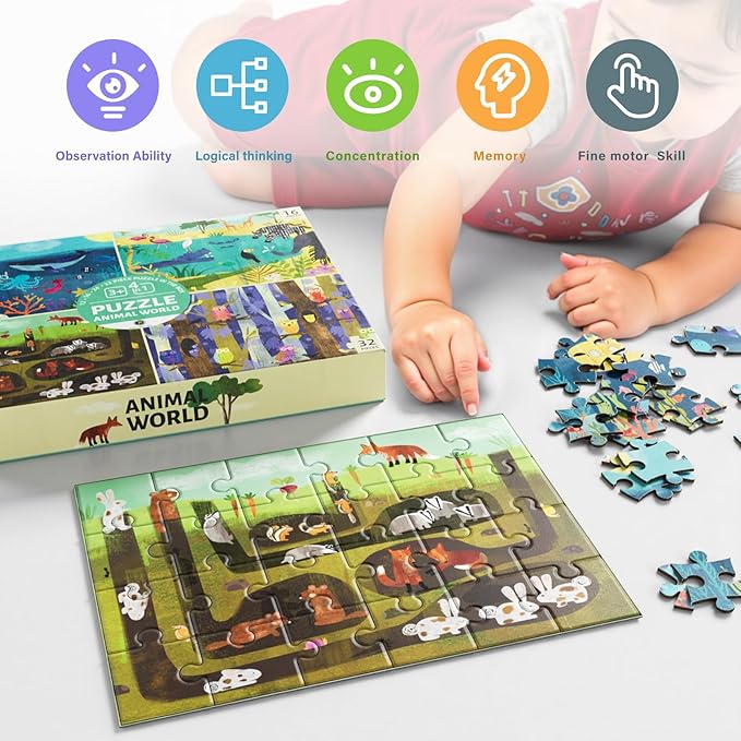 4 Pack Puzzles for Kids Ages 3-5, 4-Difficulty-Level Puzzle with 12 16 24 32 PCS, Color-Zones on Back, 4-in-1 Progressive Animals World Jigsaw Toy Gift for Age 3 4 5 6 Year Old Boys Girls