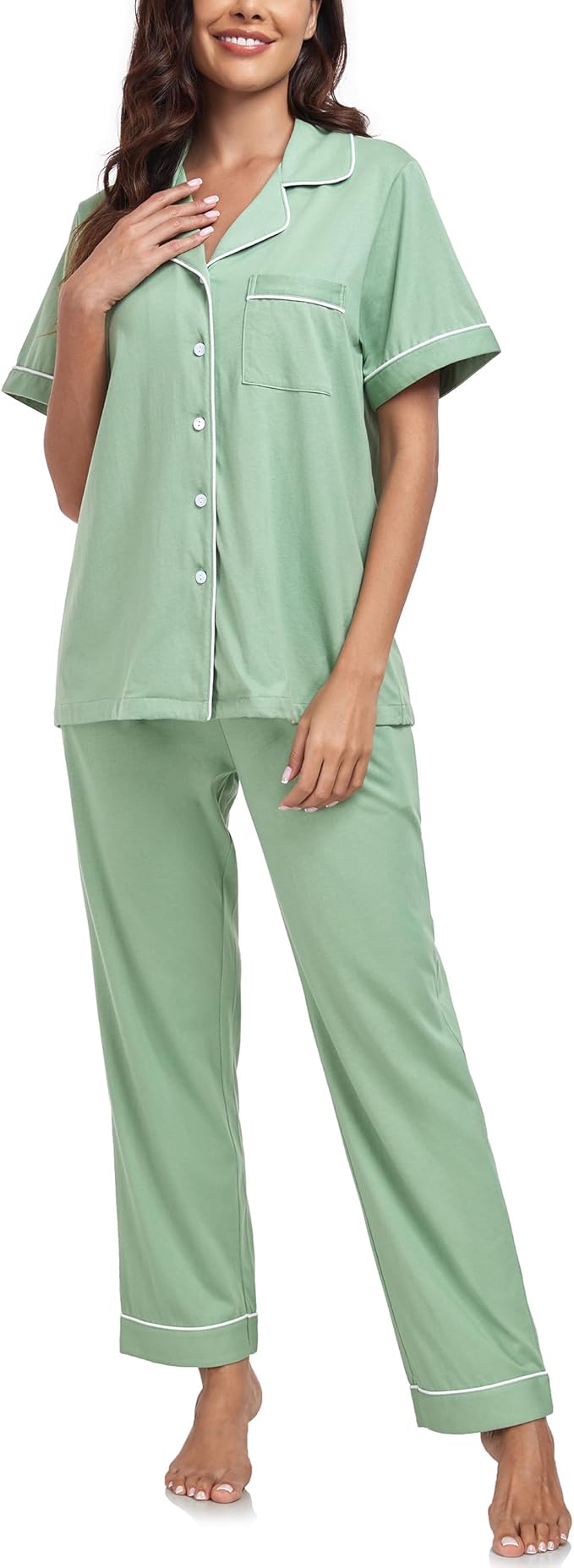 CF Womens 100% Cotton Pajamas Set Button Down Pjs Sets Short Sleeve Top & Long Pants Sleepwear Comfy Loungewear with Pockets