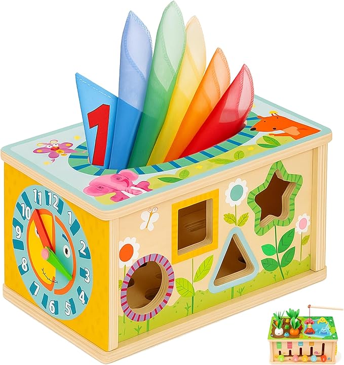 6-in-1 Montessori Baby Tissue Box Toy, Wooden Activity Cube for 6+ Months, Color & Shape Sorter Puzzles Sensory Toys for 12-18 Months. Baby Early Education Fine Motor Skills Gift for Toddlers 1-3
