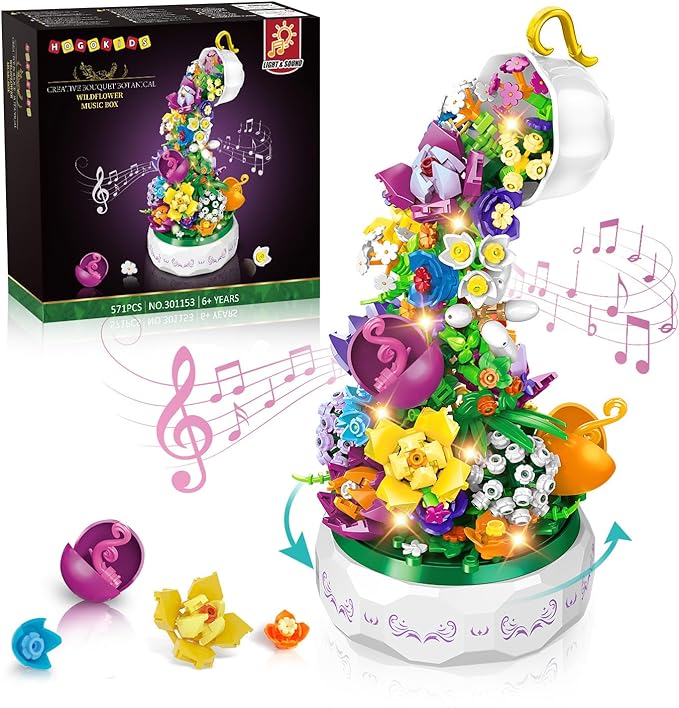 HOGOKIDS Flowers Music Box Building Block Kit with Light- 571PCS Mother's Day Decoration Rotating Music Box Building Blocks Set | Botanical Collection Birthday Gift for Girls Boys Adults Kids Ages 6+