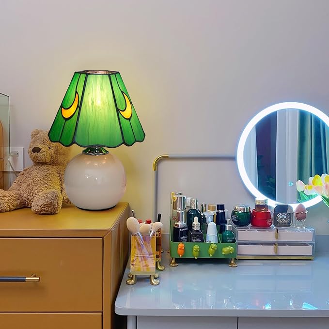 Mushroom Lamp Tiffany Stained Glass Moon lamp Cute Small Bedside Table Lamps for Living Room Home Decor,Girls Women Birthday Christmas Thanksgiving Day Gift,(Green)