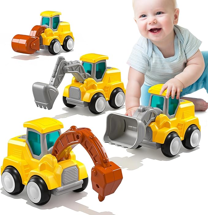 Press and Go Construction Vehicle Trucks Toys for Toddlers 2-4, 4 PCS Car Trucks for Boys Girls with Flexible Joints, Kids Toddlers Toys for 3 4 5 6 Years Old Boys Girls Birthday Gifts
