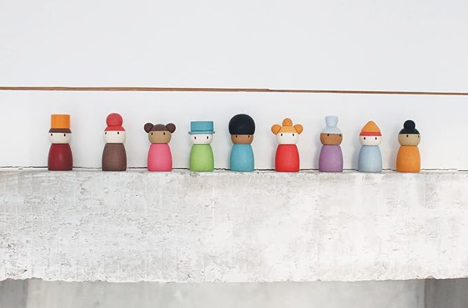 Tender Leaf Toys - Happy Folk Hotel - 9 Pcs Wooden Diversity Peg Dolls Open-Ended Toys - Montessori People Figures Play Set - Age 3+