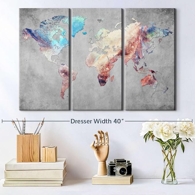 ElephantStock Artistic Touch World Map Multi Piece Canvas - 3 Panel Wall Decor - Map of the World Art - Canvas for the Office and Home - 33" X 20"
