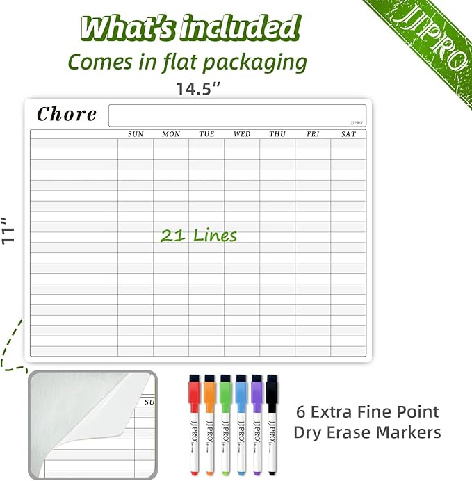JJPRO Chore Chart Whiteboard Clings to All Smooth Surfaces.Non-Magnetic Dry Erase Chore Chart Sticks to Stainless Steel Fridge, Cabinet, Door and Glass