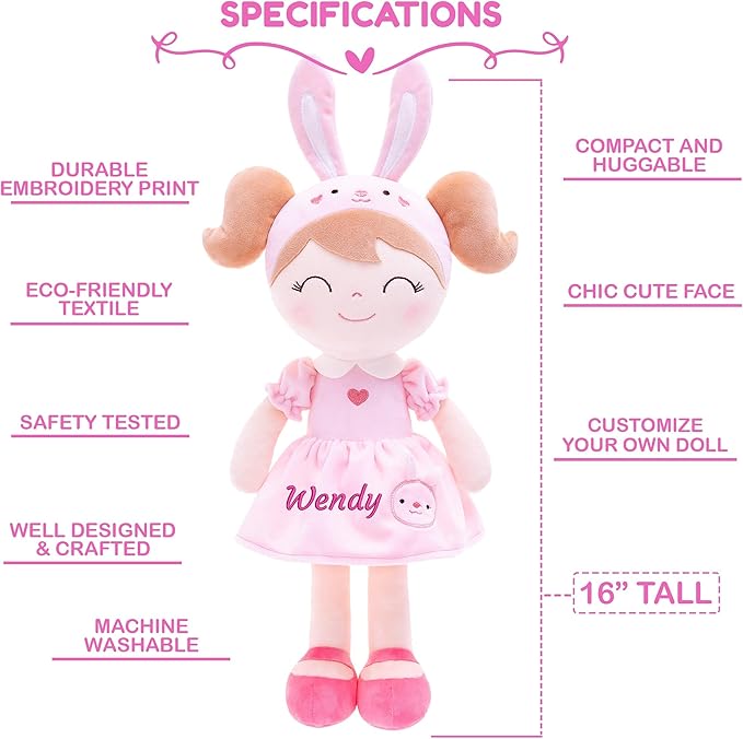 Gloveleya Personalized Doll with Embroidered Name - Pink Bunny Custom Plush Doll for Girls Cute Plush Doll Customized Gift - Muñecas de Trapo Personalizadas para Niñas