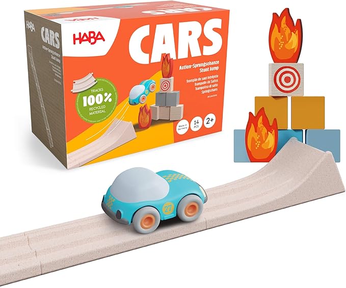 HABA Cars Action Ramp 14-Piece Toy Car Ramp Set, Sustainable Kids' Race Track with Stunt Jump & Push and Go Battery-Free Car Track Fun for Ages 2+