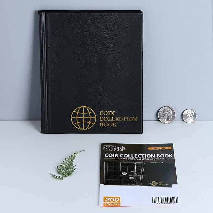 Uncle Paul 200 Pockets Coin Albums - 43x42 mm/1.7x1.6 inch Pocket Black Coin Book 10 Pages Coin Collection Holder Letter Size Coin Storage Book CS0220BK