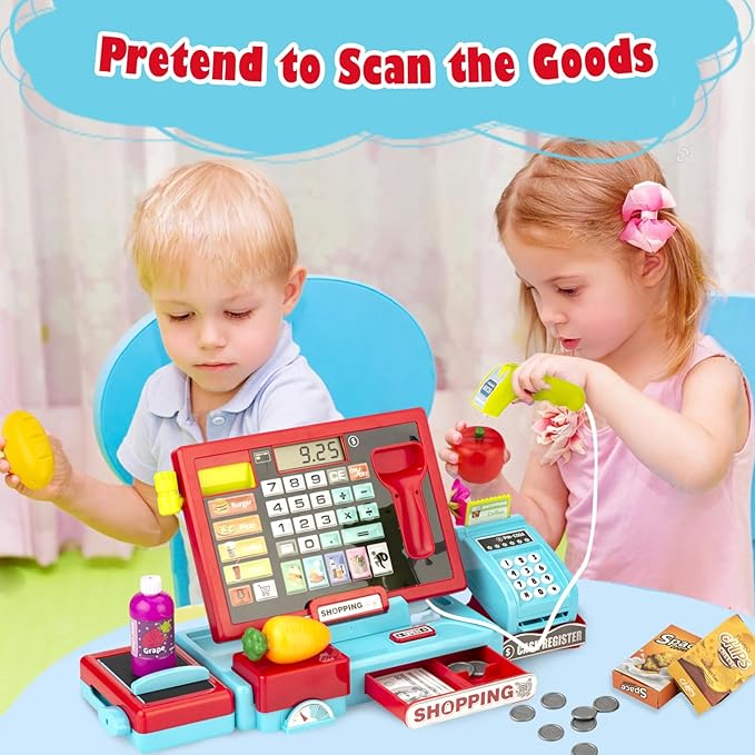 Cash Register for Kids Real Calculator Kids Cash Register with Scanner Toy for 3 4 5 6 7 8 Year Old Boy Pretend Play Store with Music / Food / Shopping Cart Learning Toys Gifts for Boys Ages 4-8