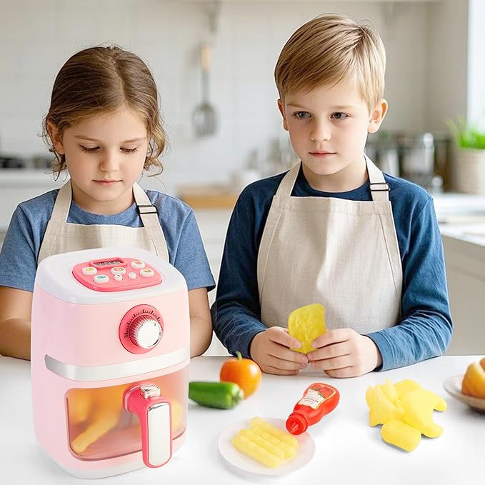 Play Kitchen Accessories, Pretend Kitchen Appliances Set with Toy Air Fryer for Kids with Sound and Lighting, Color-Changing Play Food, Birthday Gift for Boys and Girls Ages 3-5 4-8,Pink