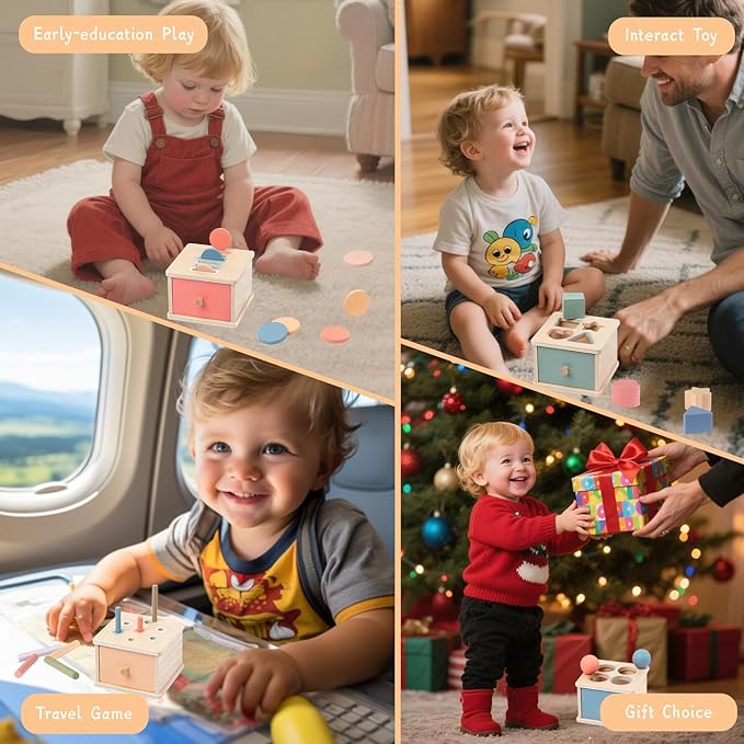 Montessori Toys for 2 3 4 5 Year Old - Wooden Object Permanence Box with Drawer Sensory Toys Shape Sorter Color Sorting Education for Baby Toddler Boy Girl Drop Busy Box (B-Blocks)