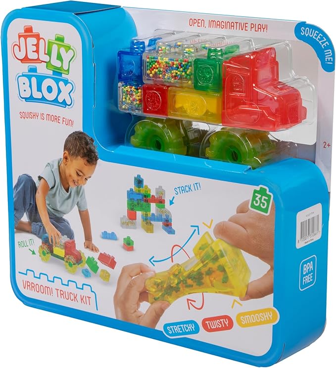 Goliath Jelly Blox Vrooom! Truck Kit | Includes 35 Blocks | Toddler & Preschool Building Blocks Kids Can Squeeze, Stretch, Squish | Safety Tested & Ouch-Free | Tactile, Sensory Play Toy for Ages 2+