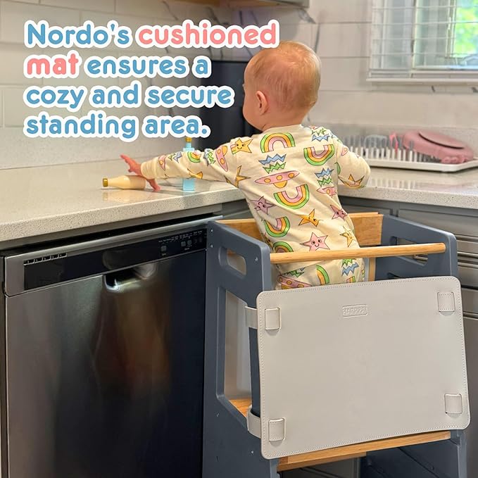 Toddler Kitchen Stools Helper with Adjustable Height and Anti-Slip Protection, Kids Standing Tower with Safety Rail, Kids Montessori Stool with Learning Chalkboard, Black