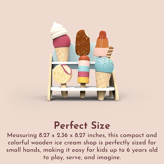 Speedy Monkey Wooden Ice Cream Shop Playset – FSC Certified Pretend Dessert Stand for Kids, Role Play Popsicle Toy Counter, Cones & Scoops Cart, Sweet Treat Ice Cream Parlour for Toddler, Boys & Girls