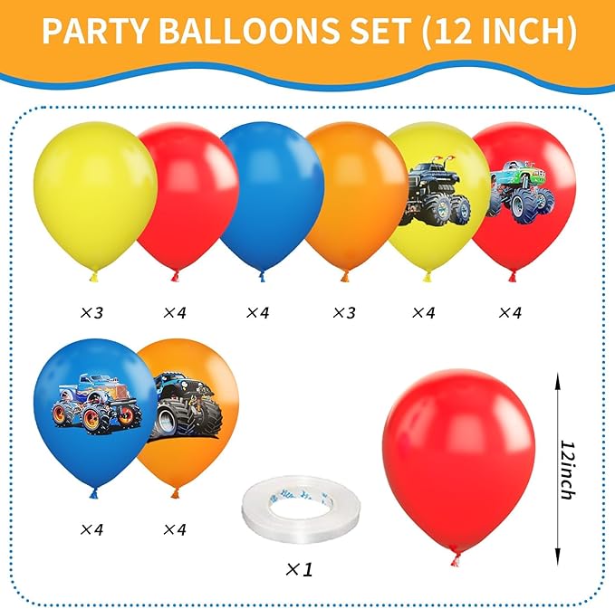 Monster Truck Balloons, 12 Inch Red Yellow Blue Orange Balloons Colorful Truck Theme Printed Latex Balloon Bouquet for Monster Truck Party Baby Shower Wedding Birthday Party Supplies