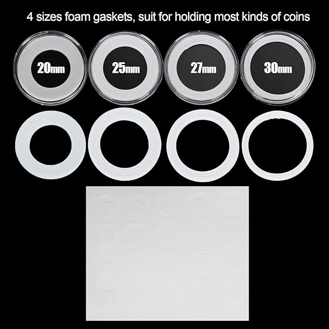 300PCS Coin Capsules, Coin Holder with Gaskets, 4 Sizes (20/25/27/30mm) Plastic Coins Protector Case with Plastic Storage Organizer Box for Collectors Coins Collection Supplies