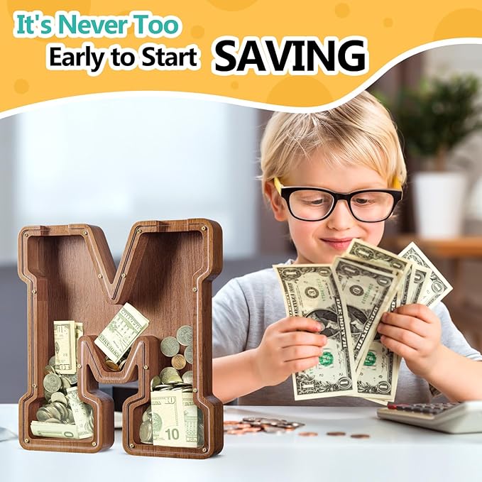 Summidate Large Wooden Piggy Bank for Kids Adults, Alphabets Letter A-Z Piggy Bank for Boys Girls, Coins Bills Change Bank Box Personalized Initial Name Kids Money Bank for Birthday Present and Decor