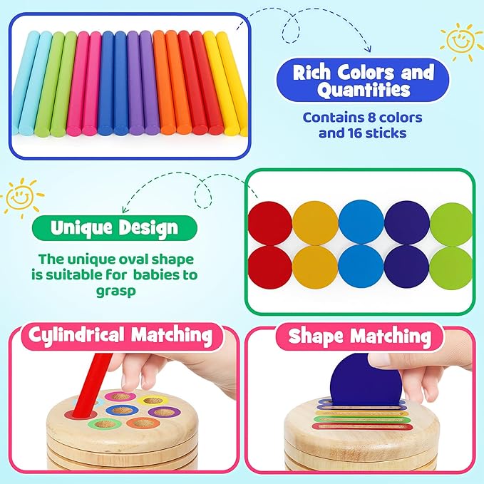 Montessori Toys for 1 Year Old, Color Classification Sensory Toy with Two Wooden Lids for Toddlers Age 1 2 3, Fine Motor Skills Sensory Toys for 18 Month Old boy Girls Gifts