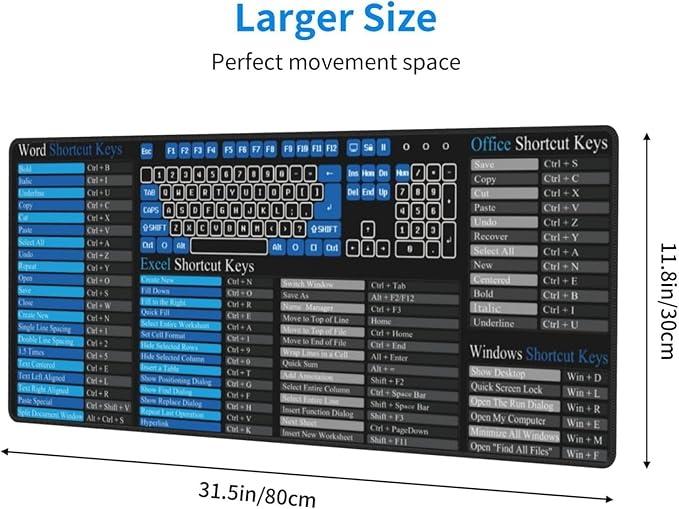 Excel Mouse Pad，Excel Cheat Sheet Desk Pad，Gaming Mouse Pad, Non-Slip Rubber Base Mousepad, Stitched Edges, 31.5x11.8 inch for Home Office