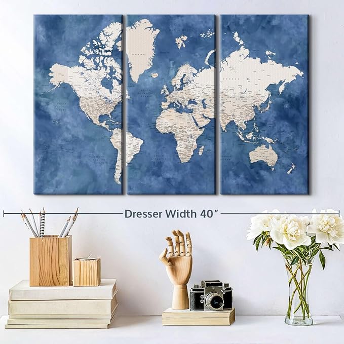ElephantStock Detailed World Map With Cities I Wall Art - Horizontal Canvas - 3-Piece Living Room Decor - Watercolor Map Canvas Print - Beige and Blue Wall Decor by Blursbyai - 33" X 20"