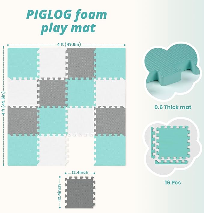 16Pcs Baby Play Mat for Floor, Foam Floor Tiles for Kids with Interlocking, Squares Foam Puzzle Carpet for Playroom, Crawling Rug for Babies 6-12 Months,Toddlers,11.8 * 11.8 * 0.6In Each