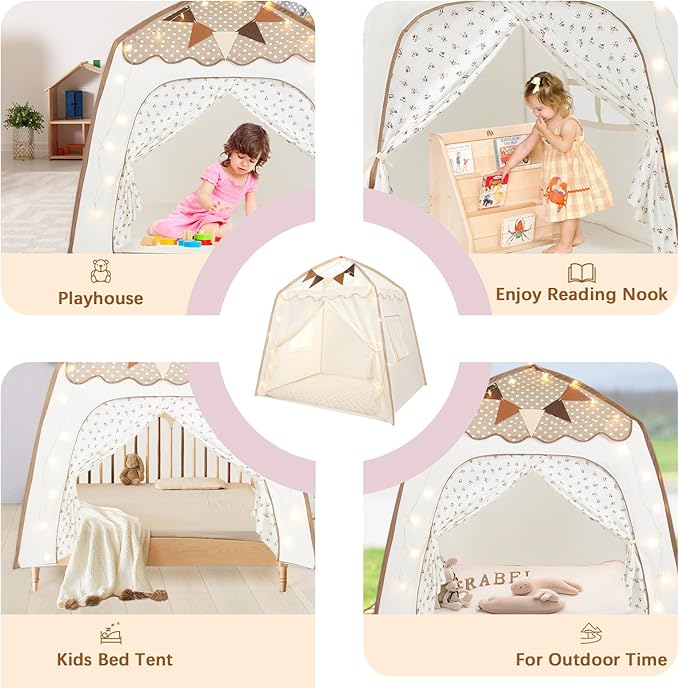 Toddler Bed Tent, Kids Play Tent with Flags, Star String, Portable Bed Canopy for Boys & Girls, Children, Indoor Outdoor Dome Playhouse, Brown Dots & Floral Pattern, 51" x 39" x 51"