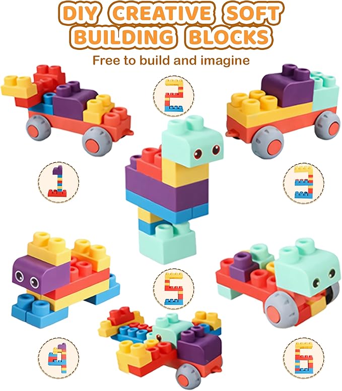 80PCS Soft Building Blocks for Toddlers 1-3， Baby Stacking Toys for Early Learning & Development ， BPA-Free Silicone Blocks for Kids，Safe, Fun, and Educational Baby Toy，Large Soft Blocks