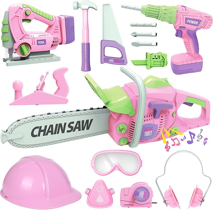 Kids Tool Set for Girls - Toddler Tool Set with Toy Chainsaw, Electric Toy Drill, Pretend Play Construction Tools Toy Gifts for Kids Aged 3 4 5 6 7