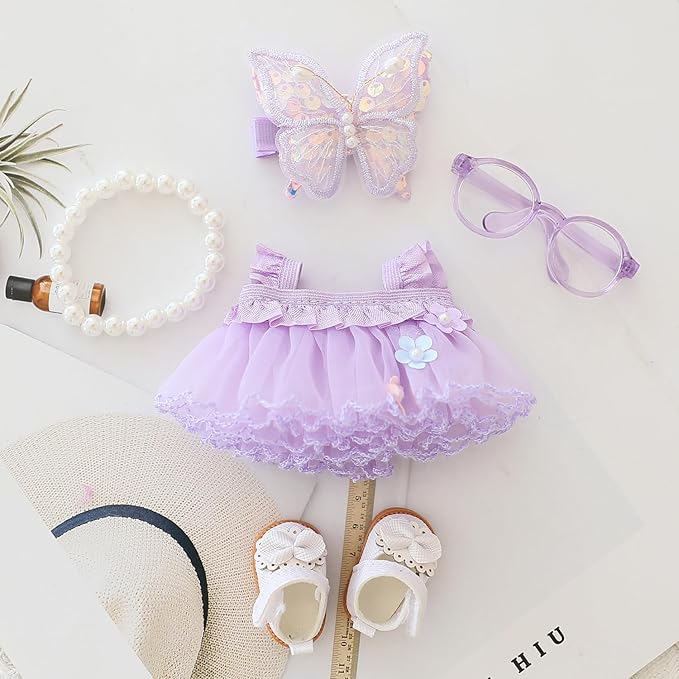 Clothes for Labubu Doll,Clothes for Dolls Accessories,Butterfly Tulle Skirt Purple 5 Pieces Outfit Set Suitable for Labubu 15cm 17cm Doll,Adorable Dress-Up Accessories for Labubu Doll