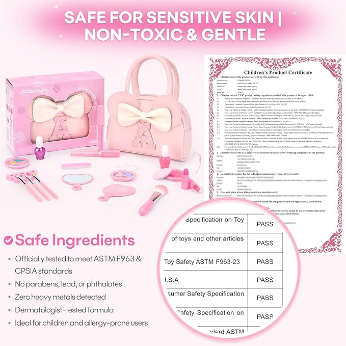 Kids Real Makeup Kit for Girls - 18Pcs Non-Toxic Washable Make Up Toys with Initial Toddler Purse - Personalized Birthday Gifts for Age 3 4 5 6 7 8 9 10 Years Old Girls Vanity Set - V