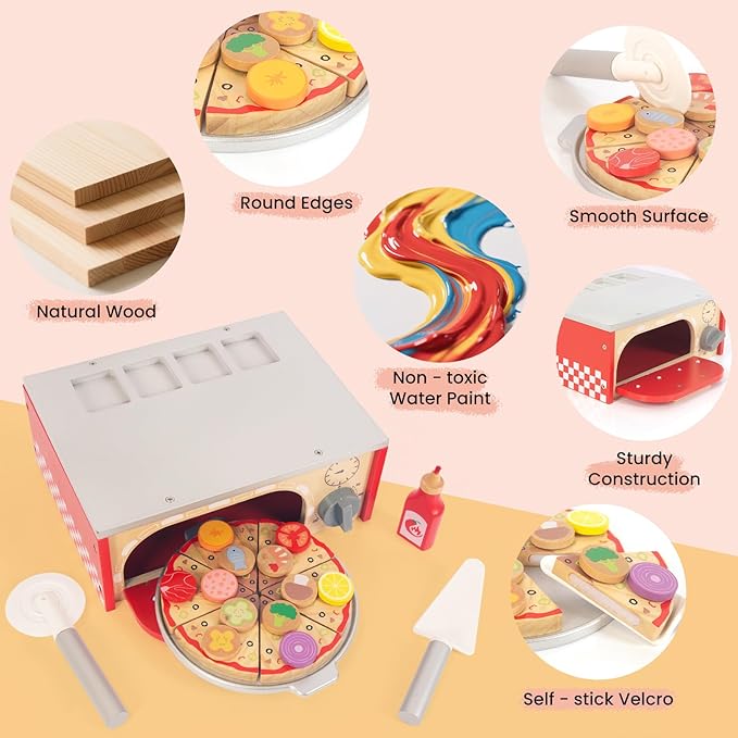 Wooden Pizza Toy for Kids, Pretend Play Food for Ages 3+, Educational Learning Toy Wooden Playset with Bake Oven, Christmas Birthday Gift for Boys Girls