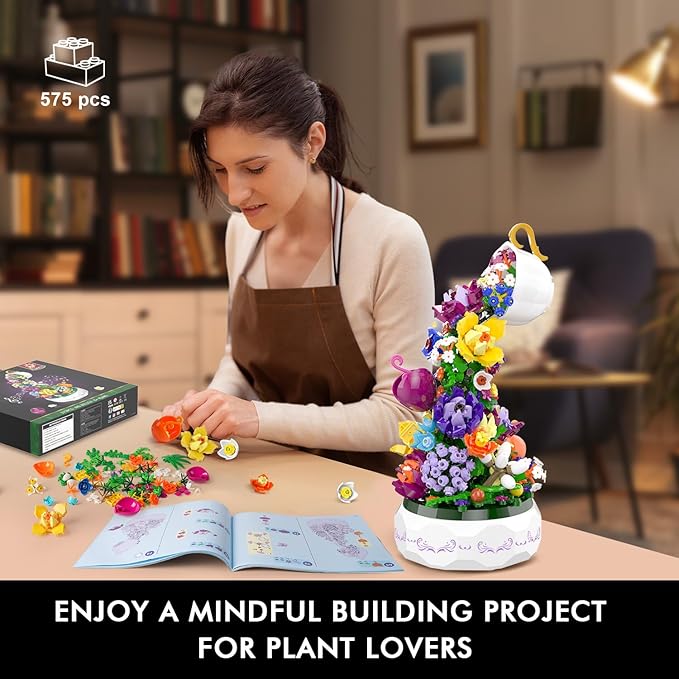 HOGOKIDS Flowers Music Box Building Block Kit with Light- 571PCS Mother's Day Decoration Rotating Music Box Building Blocks Set | Botanical Collection Birthday Gift for Girls Boys Adults Kids Ages 6+