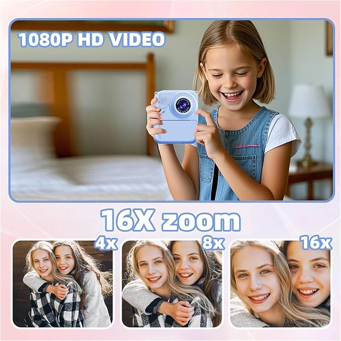 Instant Print Camera for Kids, 1080P Video Camera with 3 Print Rolls, 32GB Card & Cute Cover, Gift for Girls Boys Age 3-12, Toddler Digital Camera with Games, Filters, Music – Blue