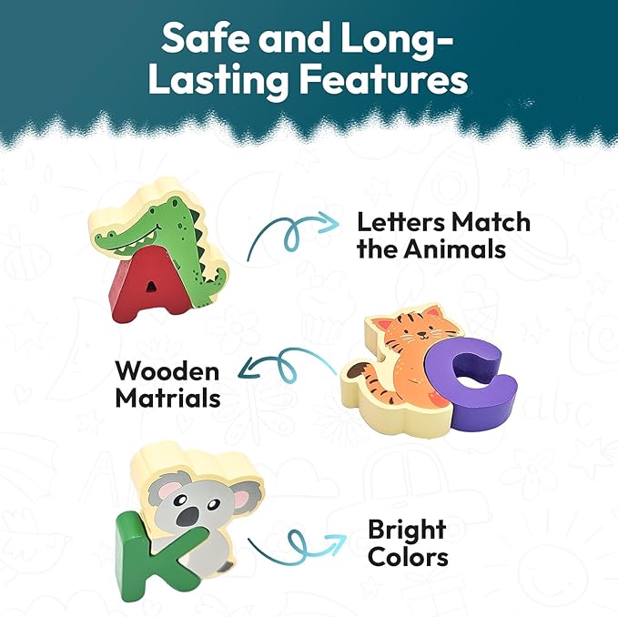 Animal Letter Combination Puzzle. 52 Pieces of Wooden Letters and Animals, Alphabet Puzzle, Montessori Toys Wooden Puzzles for Kids 3-5, Toddler Preschool Learning
