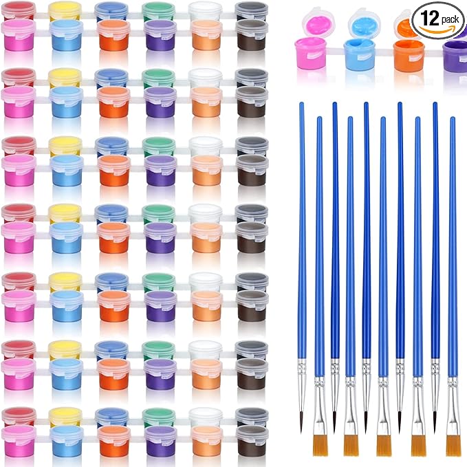 12-Set (168 Pieces Total) Acrylic Washable Paint Kit with 12 Colors and 24 Brushes - Ideal for Home Art Projects, Classroom Activities, and Birthday or Art Parties