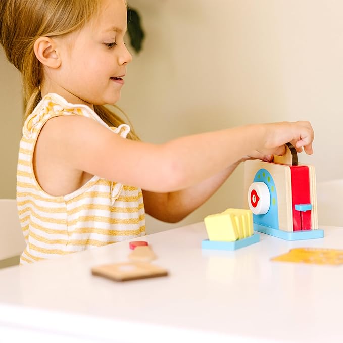 Melissa & Doug Bread and Butter Toaster Set (9 pcs) - Wooden Play Food and Kitchen Accessories