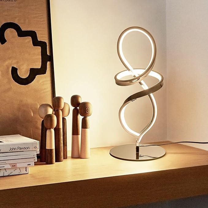 Mayful Modern Table Lamp with LED Spiral Design, Bedside Lamp with Stepless Dimming Switch, Contemporary Nightstand & Chrome Table Lamp for Bedroom, Living Room, Home Office, 12W 3200K Warm White