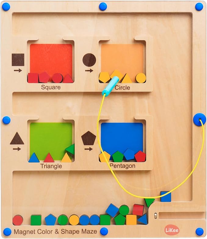LiKee Strong Magnetic Maze, Montessori Toys for 1 2 3 Years Old Boy Girl, Wodden Puzzle Develop Fine Motor Skills, Kids Travel Airplane Activity, 1-5 Preschool Learning Shape & Color