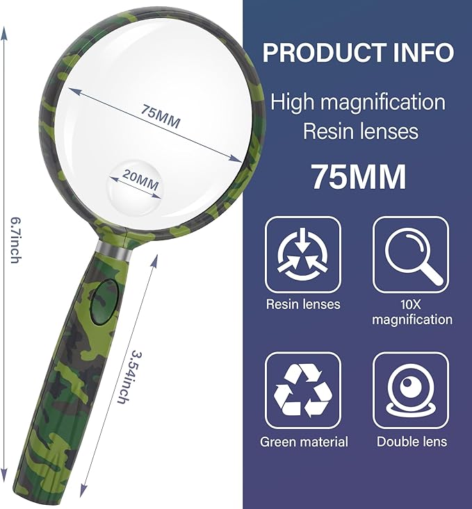 Feosky Handheld Reading Magnifier, 10X 30X Magnifier, 75mm Shatterproof Lens, Non-Slip Handle for Adults Close Work, Seniors Reading and Kids Nature Exploration, Hobby Observation(Camouflage Pattern)
