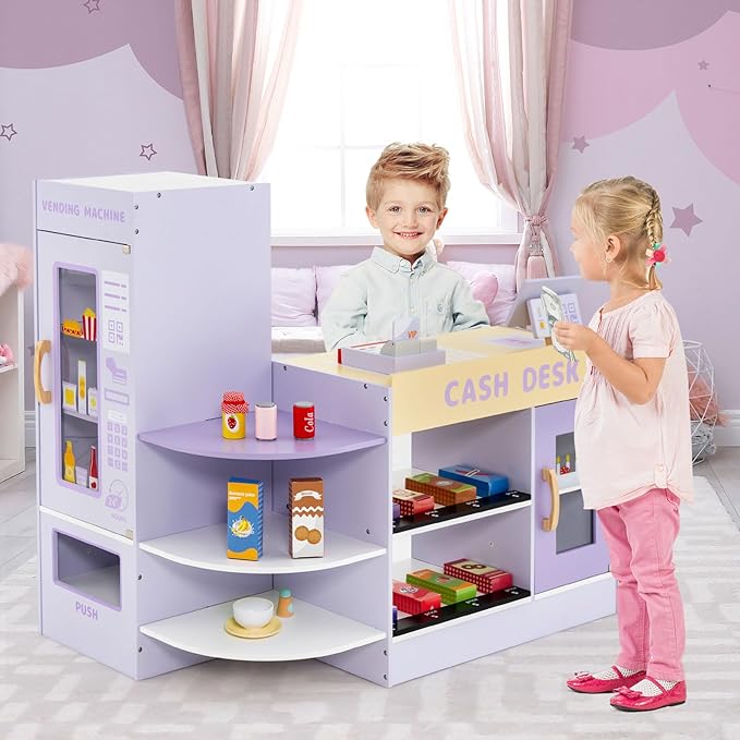 HONEY JOY Kids Grocery Store Playset, Wooden Supermarket Playset w/Cash Register & Vending Machine Toy, Blackboard, Checkout Counter Stand, Grocery Store Pretend Play for Toddler Boys Girls (Purple)