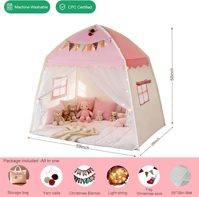 Kids Play Tent Indoor Teepee: Princess Castle Reading Nook with Mat Lights Carry Bag Mesh Windows Quick Setup for Bedroom Playroom Girls Ages 3-12 - 59x39x59 in