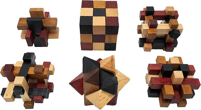 Wooden Brain Teaser Puzzles 6 Pack - 3D Brain Teasers for Adults & Kids - Educational and Fun Gift Ideas - Mind Puzzles for Adults