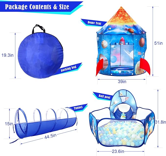PigPigPen 3pc Kids Play Tent for Boys with Ball Pit, Crawl Tunnel, Rocket Ship Tents for Toddlers, Baby Space World Playhouse Toys, Boys Indoor& Outdoor Play House, Perfect Kid’s Gifts