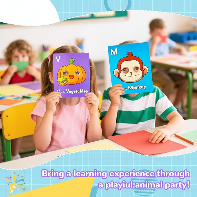 26 PCS Alphabet ABC Flash Cards with Animal Masks, Colorful Alphabet Mask Cards, Giant Letter ABC Animal Faces Flash Learning Flashcards, Interactive Education Games, Learn Letters