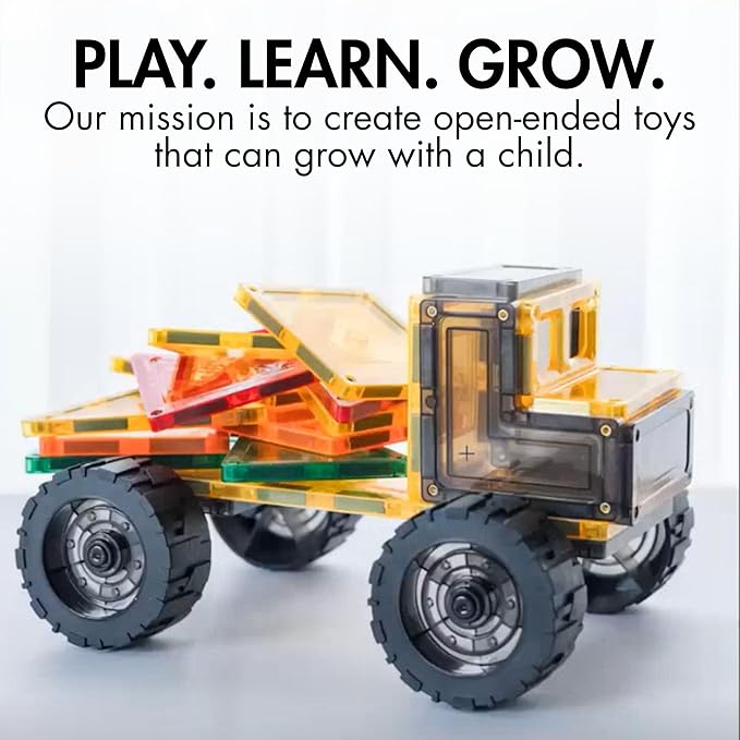 Learn & Grow Mega Movers - Magnetic Tiles Construction Trucks – Magnetic Build a Truck Set with 2 Jumbo Magnet Car Vehicles & Moveable Rubber Wheels – Durable STEM Building Toy for Kids Ages 3+