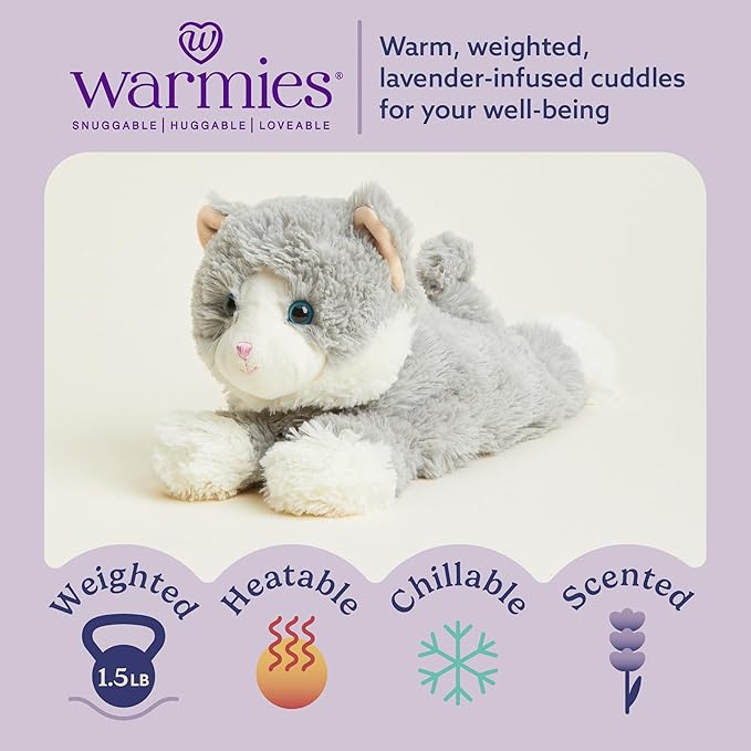 warmies Microwavable & Weighted Stuffed Animals, Laying Down Gray Cat - Heated Stuffed Animal Plushie for Warmth & Comfort - Cute Soft Plush Toys for Boys, Girls, Babies & Toddlers
