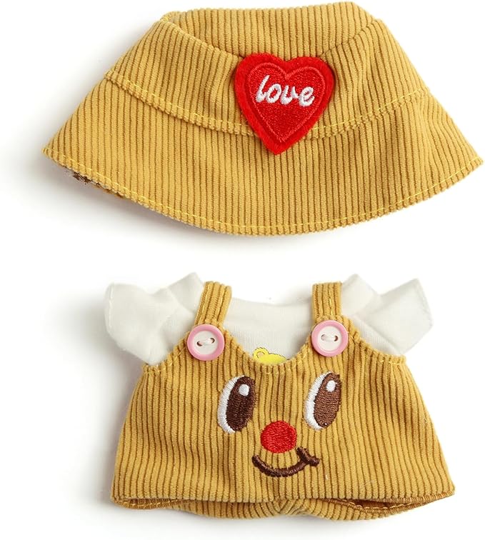 17cm Doll Clothes | Fashion Kawaii Chic Style Set for Dolls | 3-Piece Outfit with White Bear T-Shirt, Orange Romper & Orange Heart Hat (NO Doll)